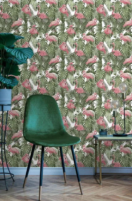Papier peint intissé Flamingos tropical blanc/vert