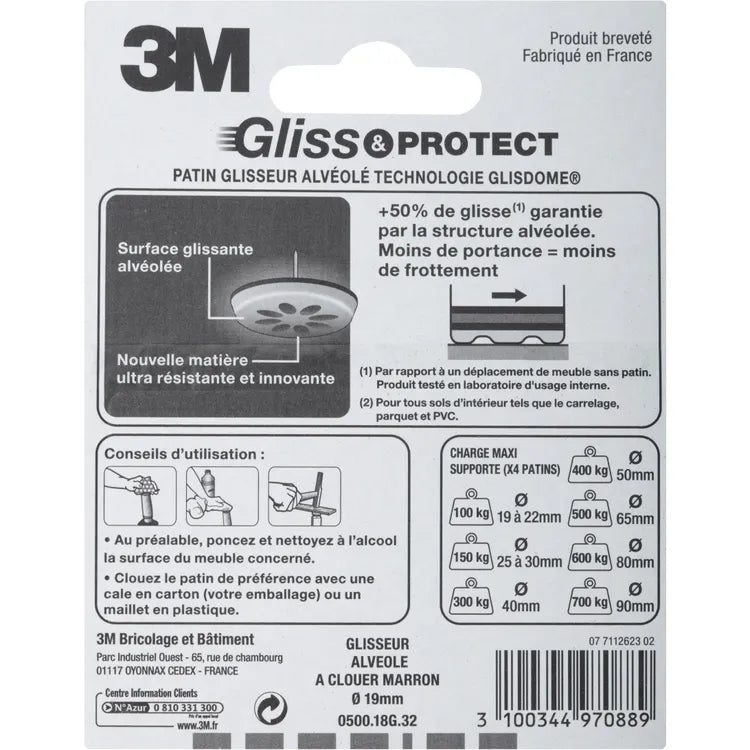 Assortiment 4 patins en plastique 3M Ø19 mm
