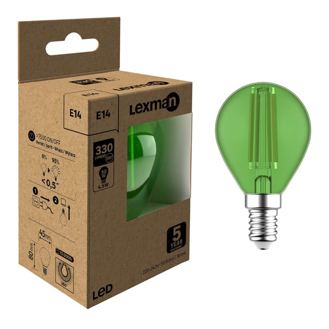 Ampoule led sphérique verte E14, 73Lm = 30W, LEXMAN
