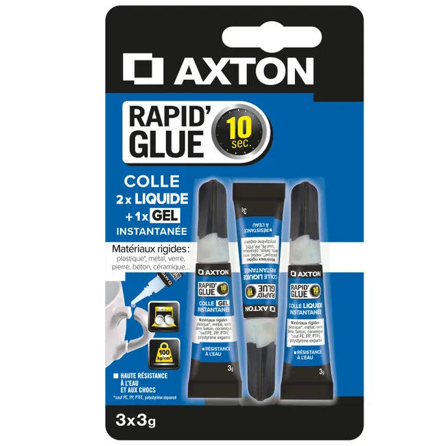 Lot de 3 colle d'assemblage Cyanoacrylate Rapid' liquide et glue AXTON, 3g trans