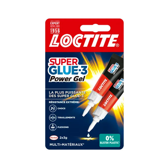 Lot de 2 colle de réparation Cyanoacrylate Super glue 3 power gel LOCTITE, 3g tr