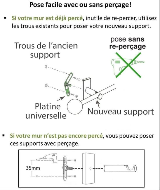 Lot de 2 supports sans reperçage tringle à rideau Design, 20 mm blanc mat IB+