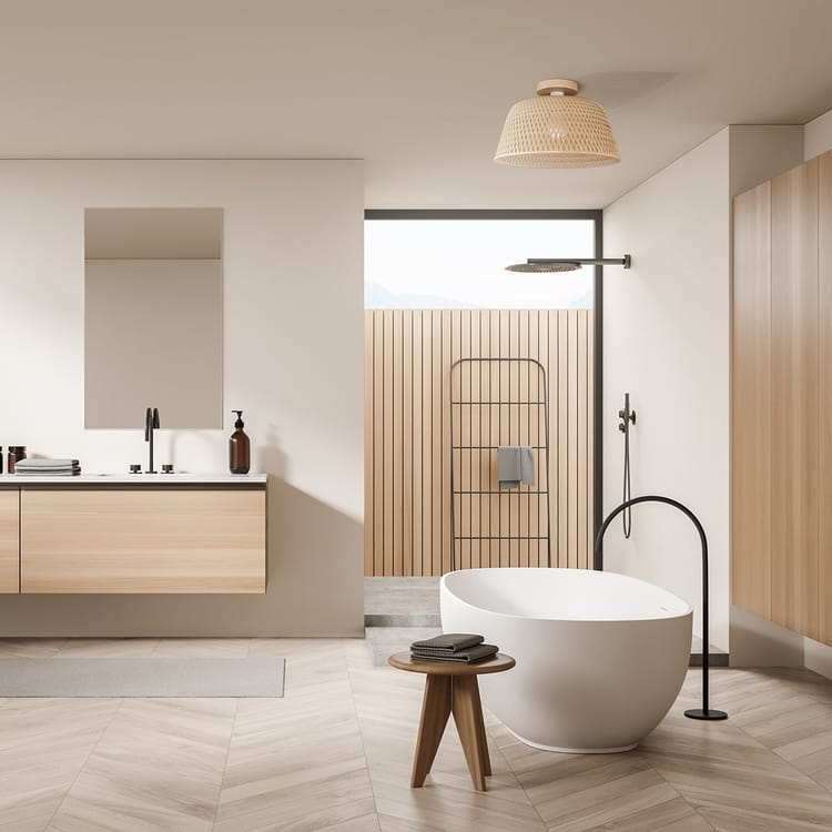 Plafonnier salle de bain Stowell E27, D.38 cm, bambou Eglo