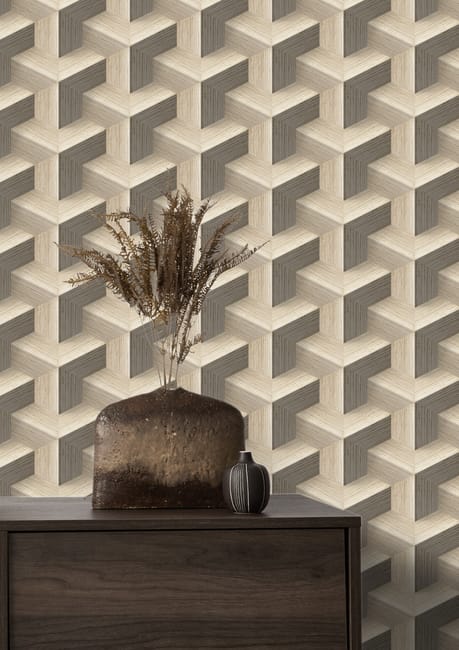 Papier peint intissé Paille cube beige