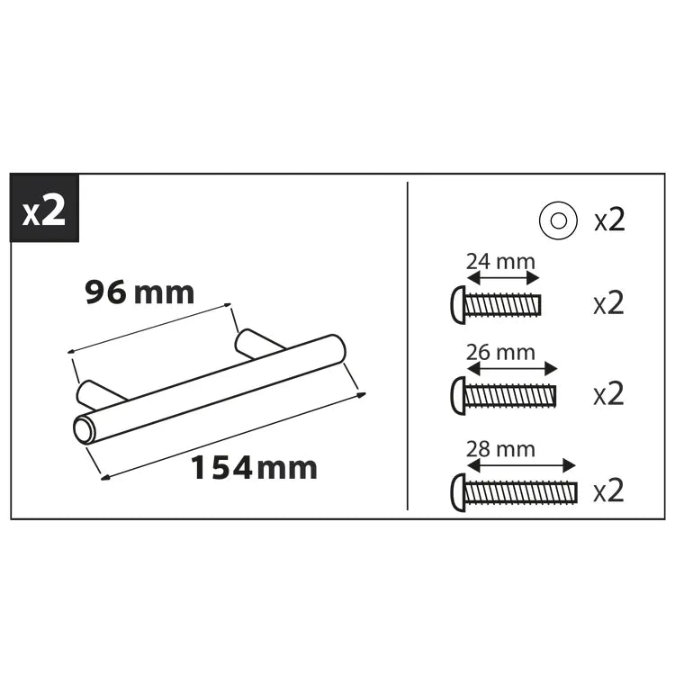 2 poignées de meuble, acier argent brossé, entraxe 96 mm