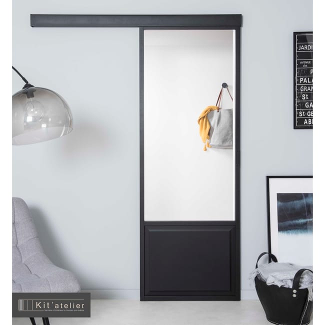 Porte coulissante personnalisable aluminium + verre + mdf Atelier vitrée, H.204