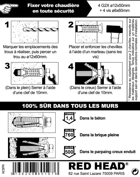 Kit chevilles à expansion chaudière murale RED HEAD, Diam.12 x L.50 mm