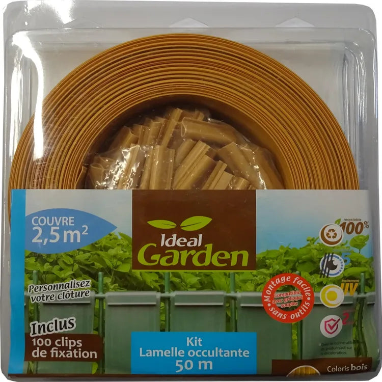 Rouleau lamelle occultante pvc coloris bois, Idéal Garden L.50mxl.48mm+100clips