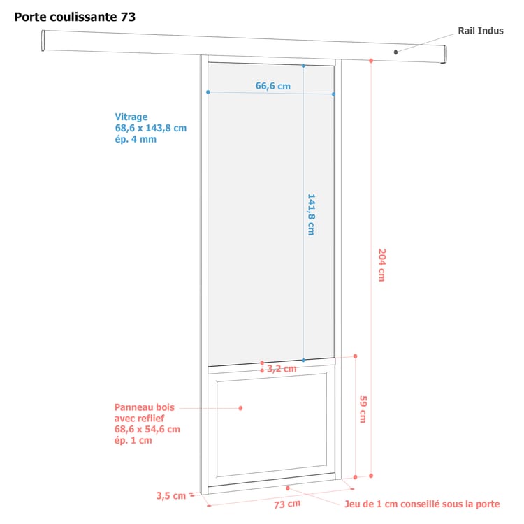 Porte coulissante personnalisable aluminium + verre + mdf Atelier vitrée, H.204