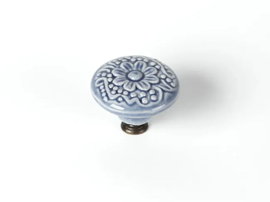 Bouton de meuble rond Marga, porcelaine bleu, Diam.44 mm
