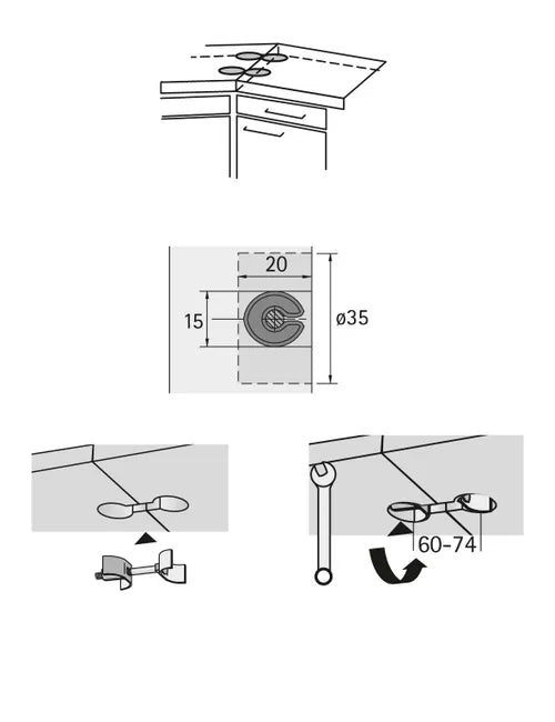 Lot de 2 raccords de plan de travail acier chromé HETTICH, l.65 mm