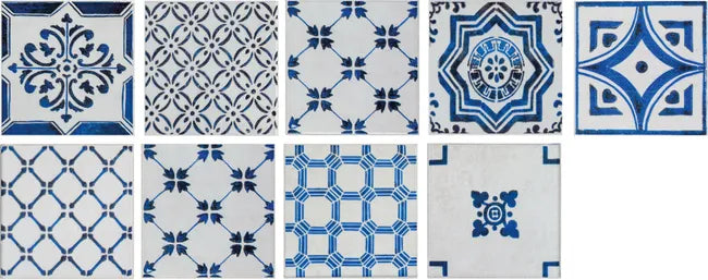 Lot de 9 stickers décoratifs carreau de ciment, bleu, 10 cm x 10 cm