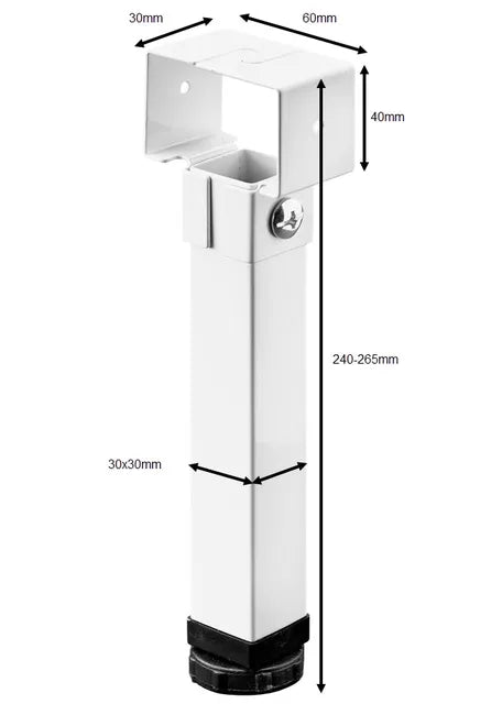 Pied meuble carré Hettich, blanc, 3x3 cm x hauteur réglable de 24 à 26.5 cm