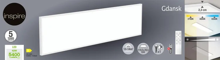 Panneau LED Gdansk, 119,5 x 29,5 cm, variation blancs/intensité, blanc INSPIRE