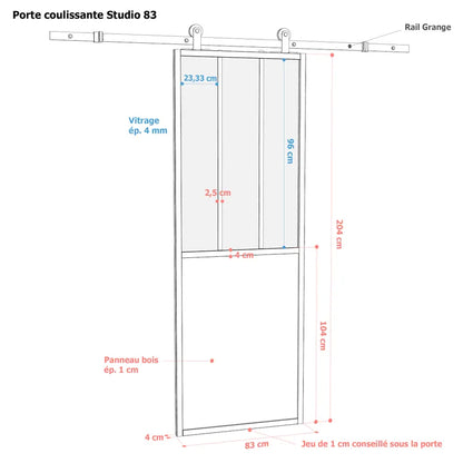 Porte coulissante studio H.204 X L.83 + rail rétro