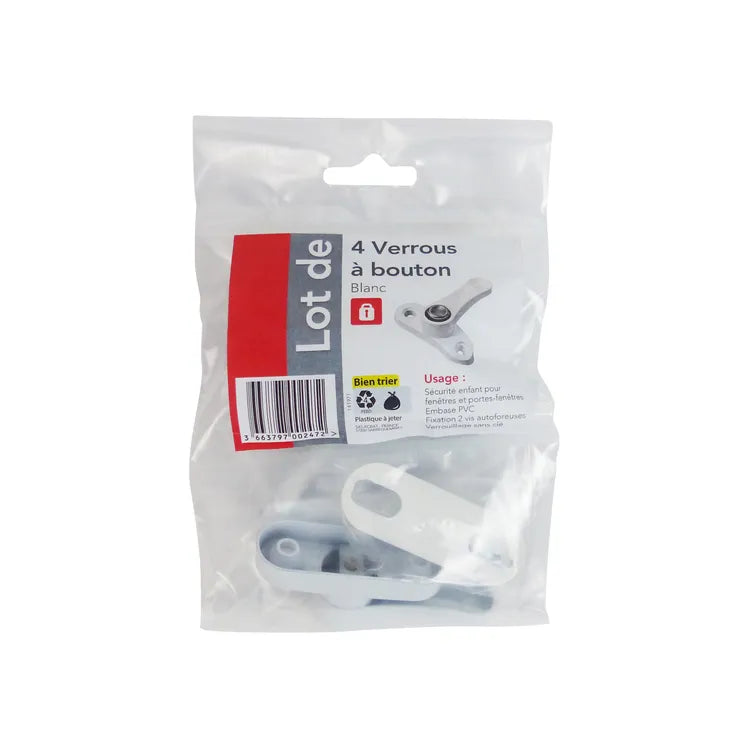 4 verrous à bouton pour fenêtre KINTECH, en alliage zamak blanc