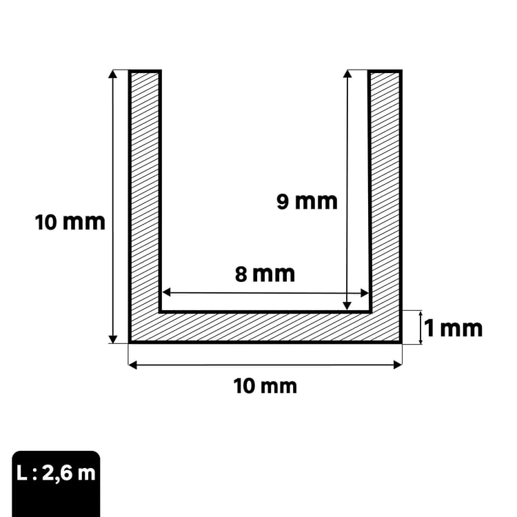 U carré pvc blanc lisse, L.2600 mm