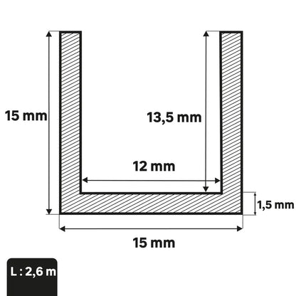 U rectangulaire aluminium brut argent lisse, L.2600 mm