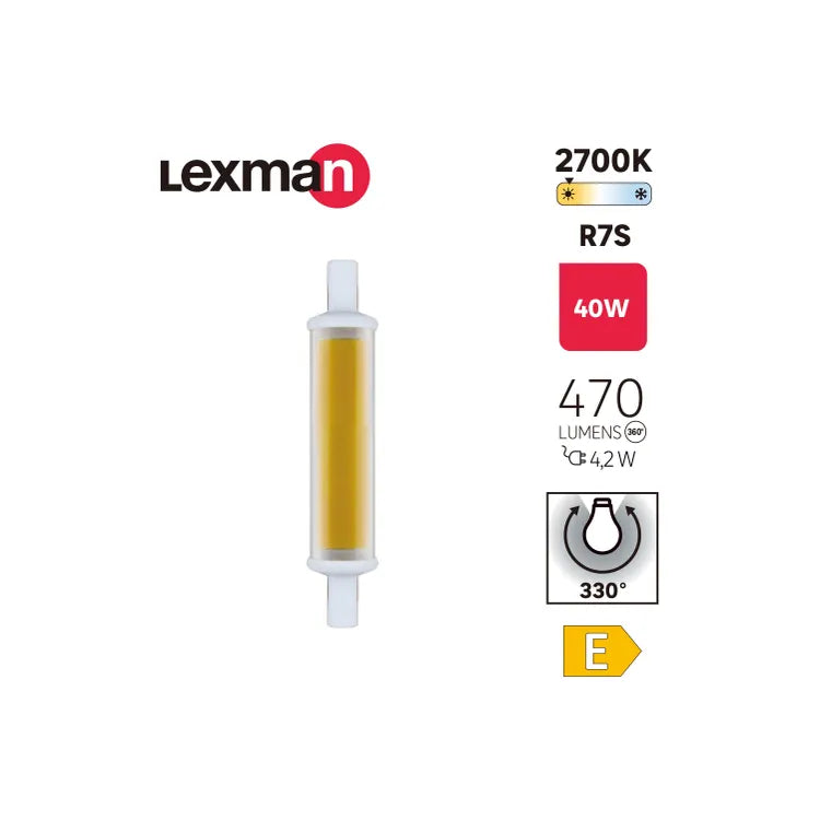 Ampoule led, tube R7S, 78mm, 470lm = 40W, blanc chaud, LEXMAN