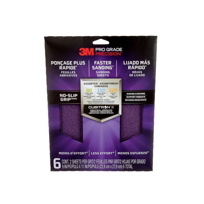 6 feuilles abrasives 3M Pro grade precision, 279 x 228 mm grains assortiment