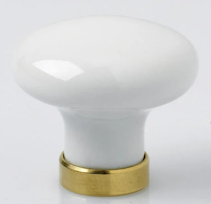Bouton de meuble rond, porcelaine blanc laitonné, Diam.25 mm