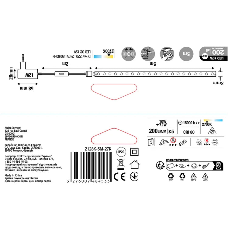 Kit ruban LED L.5 m blanc chaud 2700 Kelvins 190 lumens