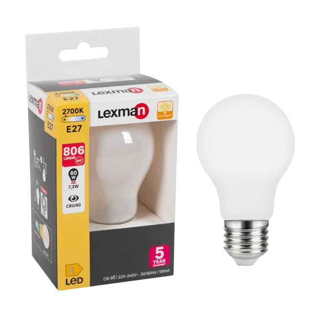 Ampoule led E27, 806Lm = 60W, blanc chaud, Natulight LEXMAN