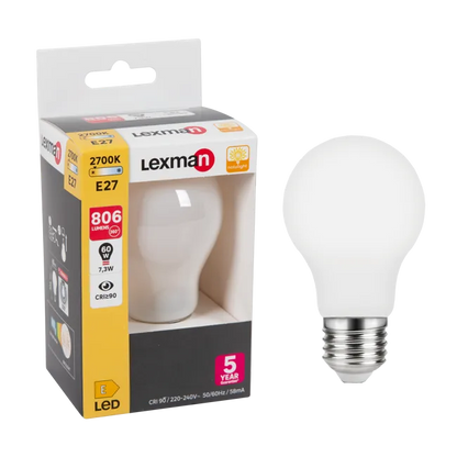 Ampoule led E27, 806Lm = 60W, blanc chaud, Natulight LEXMAN