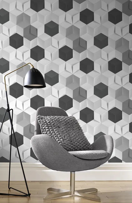 Papier peint intissé Hexagone 3d noir, gris et blanc