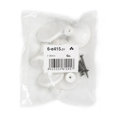 6 boutons de meuble ronds Key, abs blanc peint, Diam.33 mm