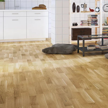 Parquet contrecollé chêne blond bohème vitrifié 3 frises BARLINEK, l.20.7 cm