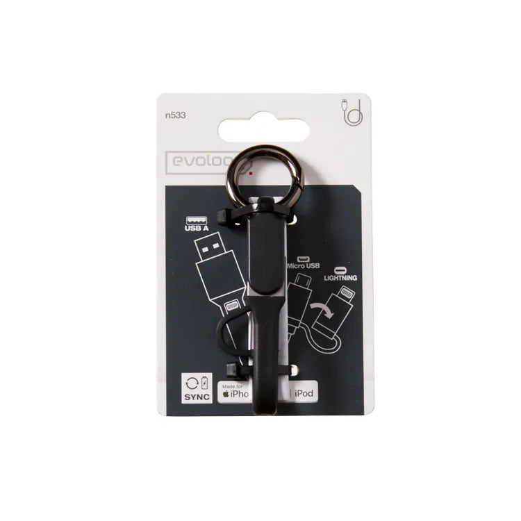 Câble porte-clefs 2 en 1 lightning iPhone et micro usb, 0.2 m noir EVOLOGY