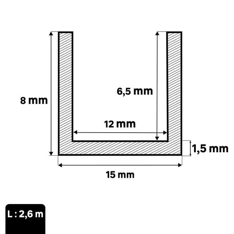 U carré pvc blanc lisse, L.2600 mm